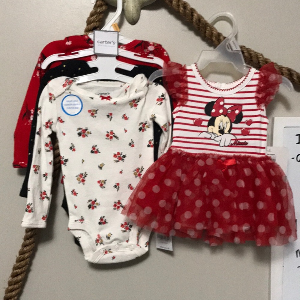 3 long sleeve onesies and one Minnie dress (108